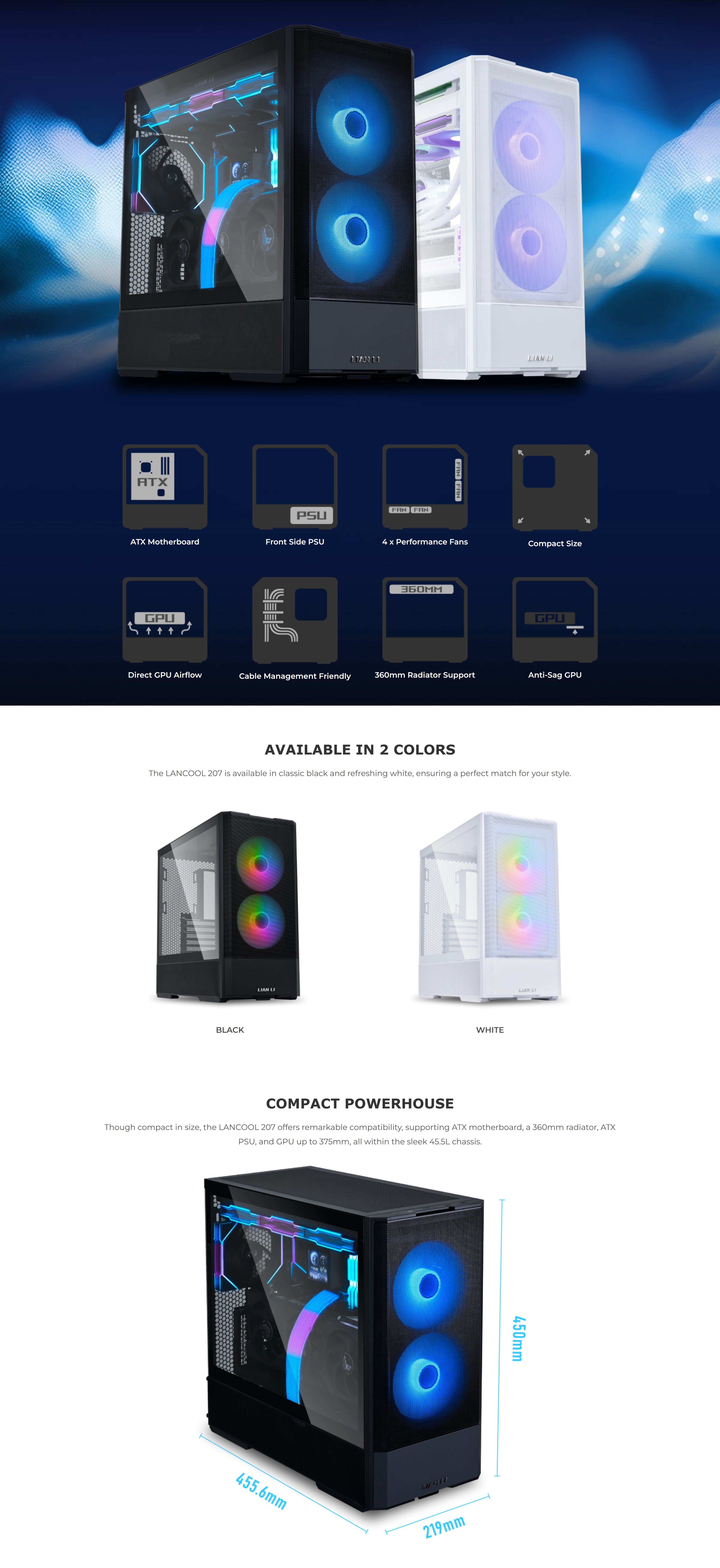 A large marketing image providing additional information about the product Lian Li Lancool 207 mATX Case - White - Additional alt info not provided